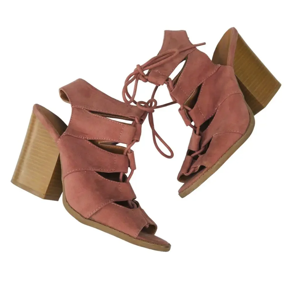 Charlotte Russe Pink Suede Ankle Boots Stacked Heel Lace Up Size 7.5